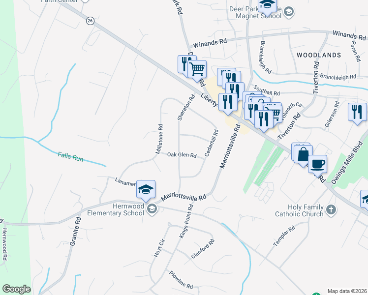 map of restaurants, bars, coffee shops, grocery stores, and more near 23 Sheraton Road in Randallstown