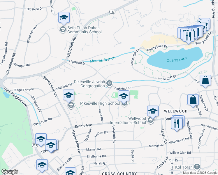 map of restaurants, bars, coffee shops, grocery stores, and more near 7644 Carla Road in Pikesville