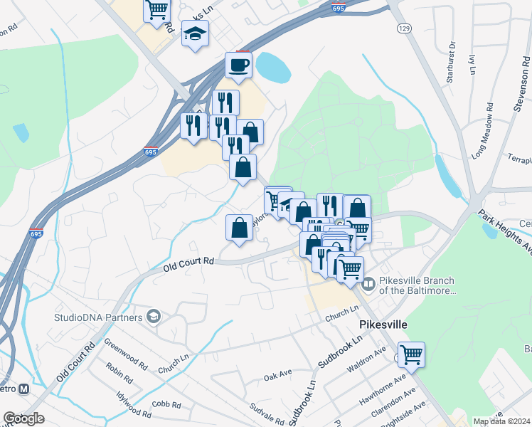 map of restaurants, bars, coffee shops, grocery stores, and more near 3906 Naylors Lane in Pikesville