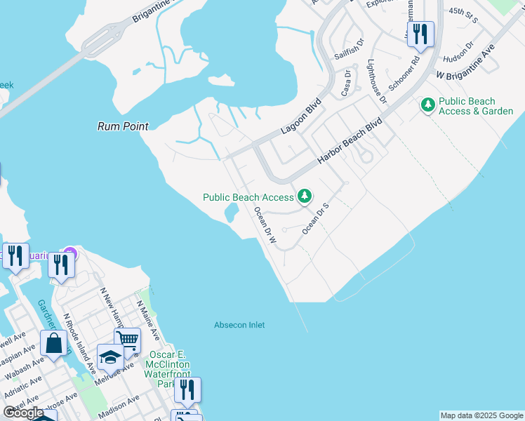 map of restaurants, bars, coffee shops, grocery stores, and more near 30 Ocean Drive East in Brigantine