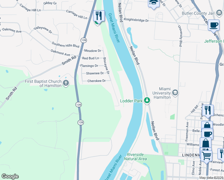 map of restaurants, bars, coffee shops, grocery stores, and more near 1595 Biscayne Drive in Hamilton
