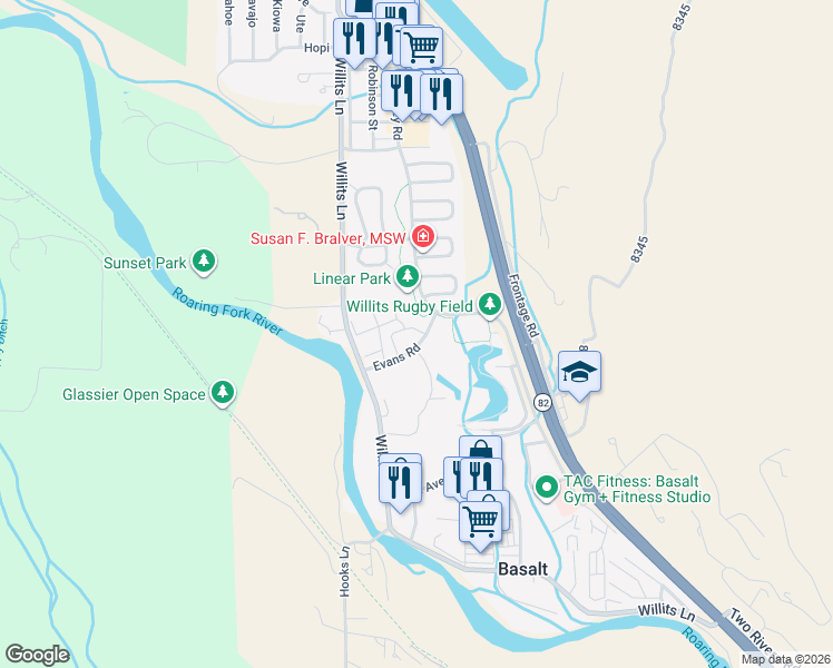 map of restaurants, bars, coffee shops, grocery stores, and more near 202 Evans Road in Basalt