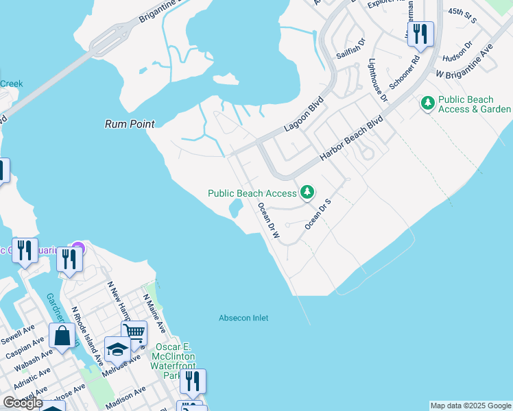 map of restaurants, bars, coffee shops, grocery stores, and more near 30 Ocean Drive East in Brigantine