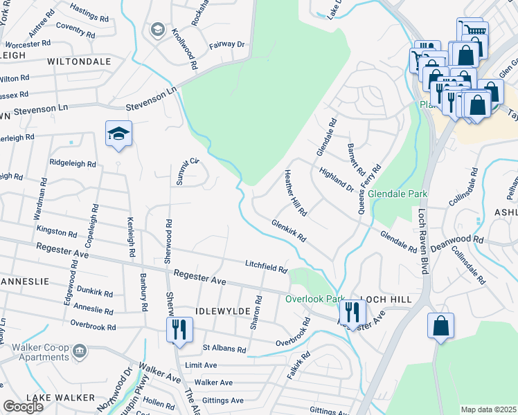 map of restaurants, bars, coffee shops, grocery stores, and more near 6745 Glenkirk Road in Baltimore