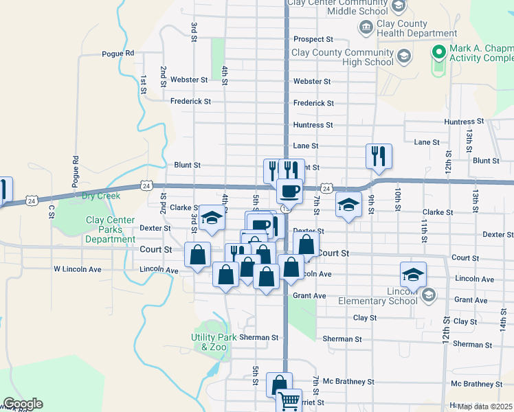 map of restaurants, bars, coffee shops, grocery stores, and more near 503 Clarke Street in Clay Center