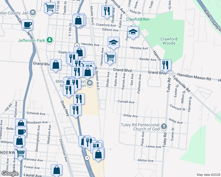 map of restaurants, bars, coffee shops, grocery stores, and more near 1849 Lincoln Avenue in Hamilton