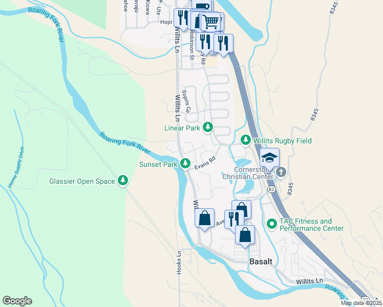 map of restaurants, bars, coffee shops, grocery stores, and more near 622 Evans Court in Basalt