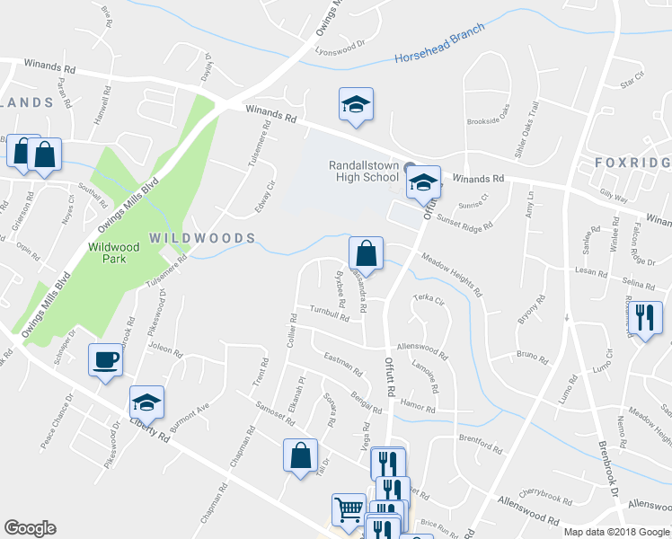 map of restaurants, bars, coffee shops, grocery stores, and more near 3816 Byxbee Road in Randallstown
