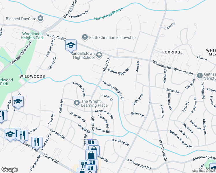 map of restaurants, bars, coffee shops, grocery stores, and more near 9073 Meadow Heights Road in Randallstown