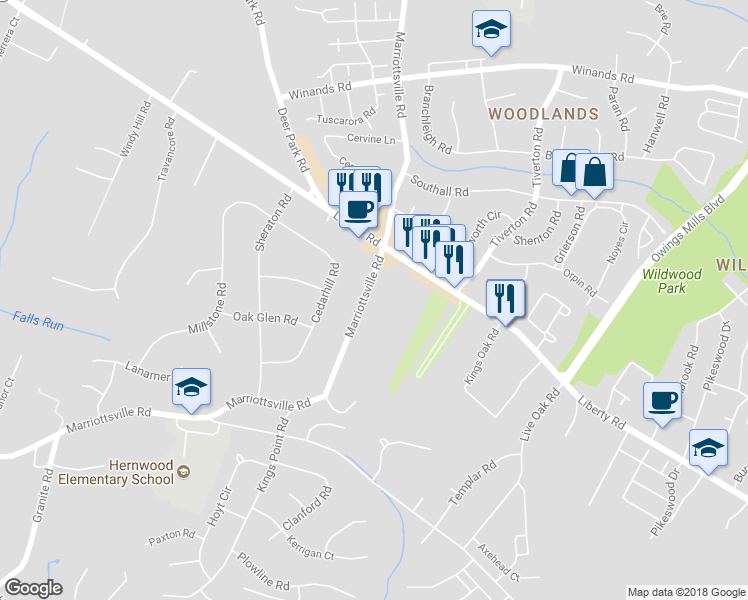 map of restaurants, bars, coffee shops, grocery stores, and more near 3811 Marriottsville Rd in Randallstown