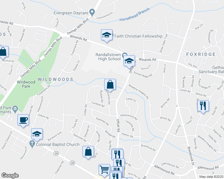 map of restaurants, bars, coffee shops, grocery stores, and more near 9104 Sandra Ct in Randallstown
