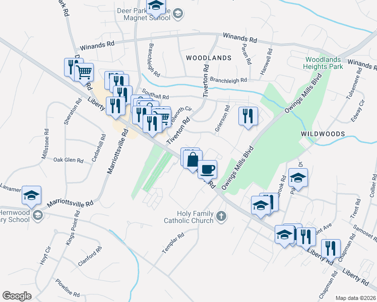 map of restaurants, bars, coffee shops, grocery stores, and more near 3907 Innerdale Court in Randallstown