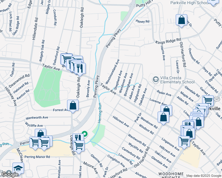 map of restaurants, bars, coffee shops, grocery stores, and more near 2008 Taylor Avenue in Parkville