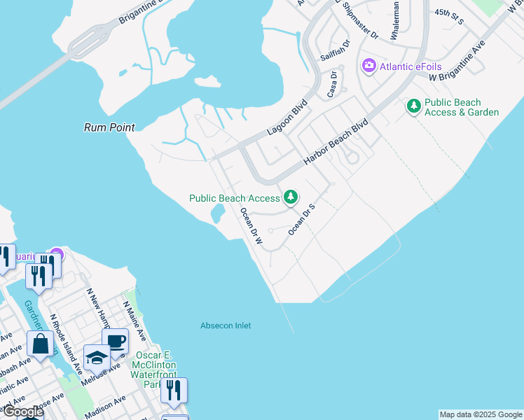 map of restaurants, bars, coffee shops, grocery stores, and more near 5215 Seaspray Road in Brigantine