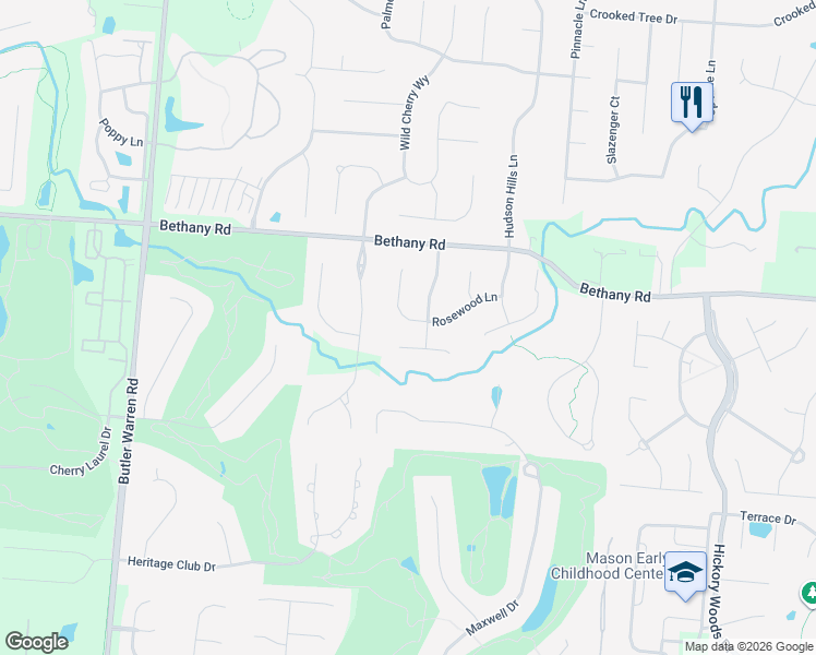 map of restaurants, bars, coffee shops, grocery stores, and more near 6451 Rosewood Ln in Mason