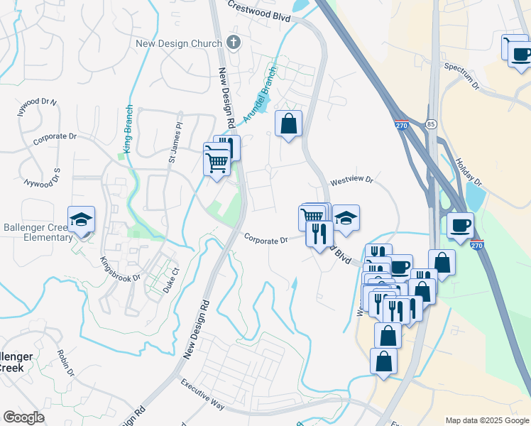 map of restaurants, bars, coffee shops, grocery stores, and more near 7269 Parkers Farm Lane in Frederick