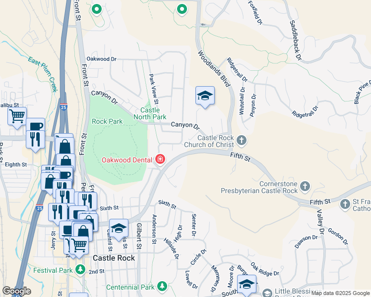 map of restaurants, bars, coffee shops, grocery stores, and more near 946 Oakwood Drive in Castle Rock