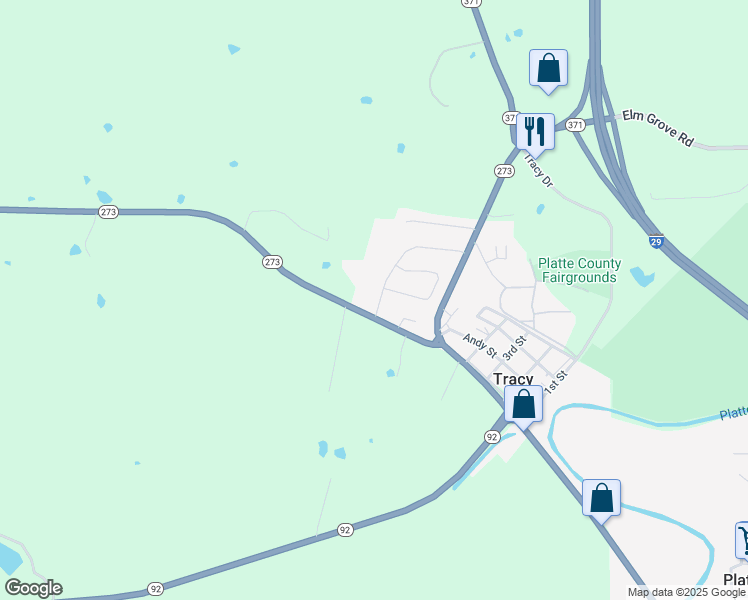 map of restaurants, bars, coffee shops, grocery stores, and more near 134 Roller Court in Platte City