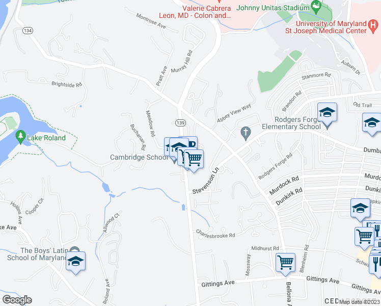 map of restaurants, bars, coffee shops, grocery stores, and more near 6301 Maryland 139 in Baltimore