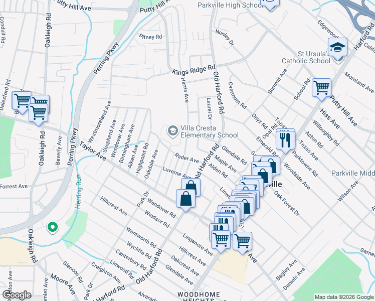 map of restaurants, bars, coffee shops, grocery stores, and more near 8007 Harris Avenue in Parkville