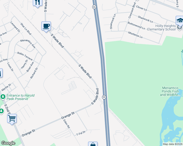 map of restaurants, bars, coffee shops, grocery stores, and more near 1401 South Wade Boulevard in Millville