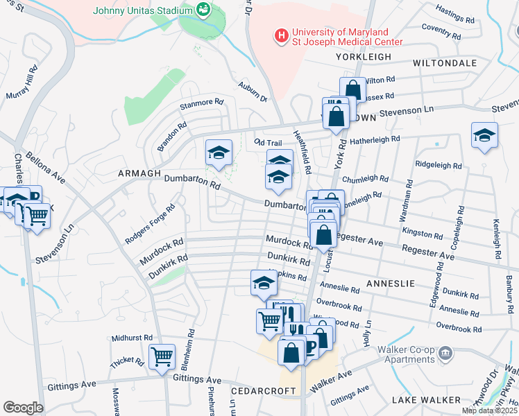 map of restaurants, bars, coffee shops, grocery stores, and more near 221 Dumbarton Road in Baltimore