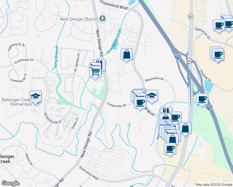 map of restaurants, bars, coffee shops, grocery stores, and more near 7269 Parkers Farm Lane in Frederick
