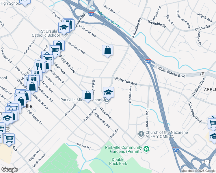 map of restaurants, bars, coffee shops, grocery stores, and more near 8726 Avondale Road in Parkville