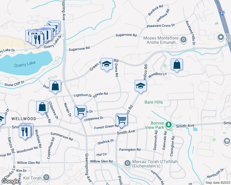 map of restaurants, bars, coffee shops, grocery stores, and more near 2404 Sylvale Road in Baltimore