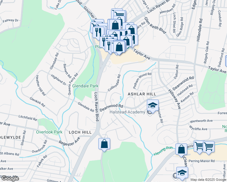 map of restaurants, bars, coffee shops, grocery stores, and more near 70 Ashlar Hill Court in Parkville