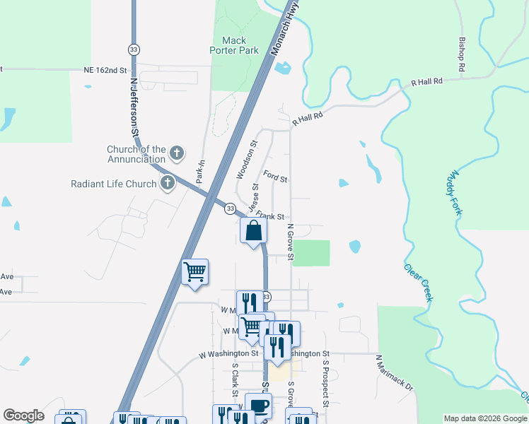 map of restaurants, bars, coffee shops, grocery stores, and more near 106 Frank Street in Kearney