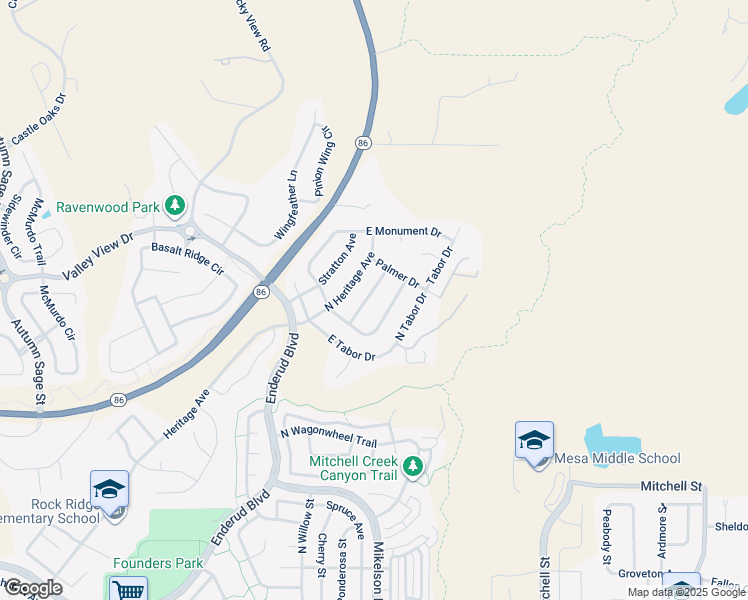 map of restaurants, bars, coffee shops, grocery stores, and more near 1232 North Calhan Avenue in Castle Rock