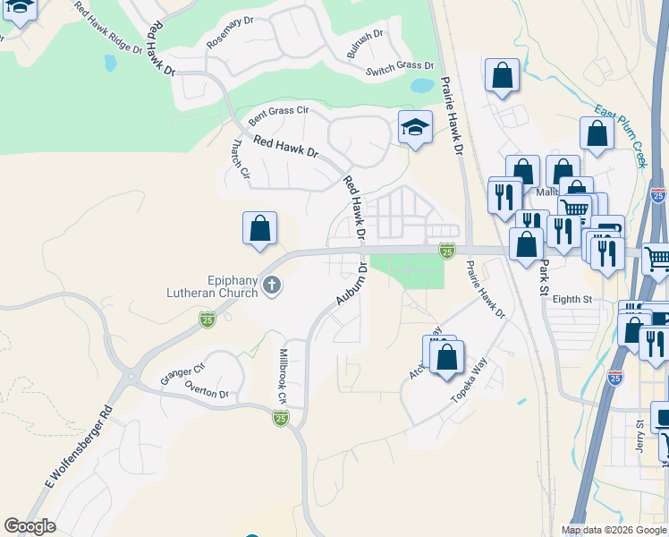 map of restaurants, bars, coffee shops, grocery stores, and more near 1193 Auburn Drive in Castle Rock