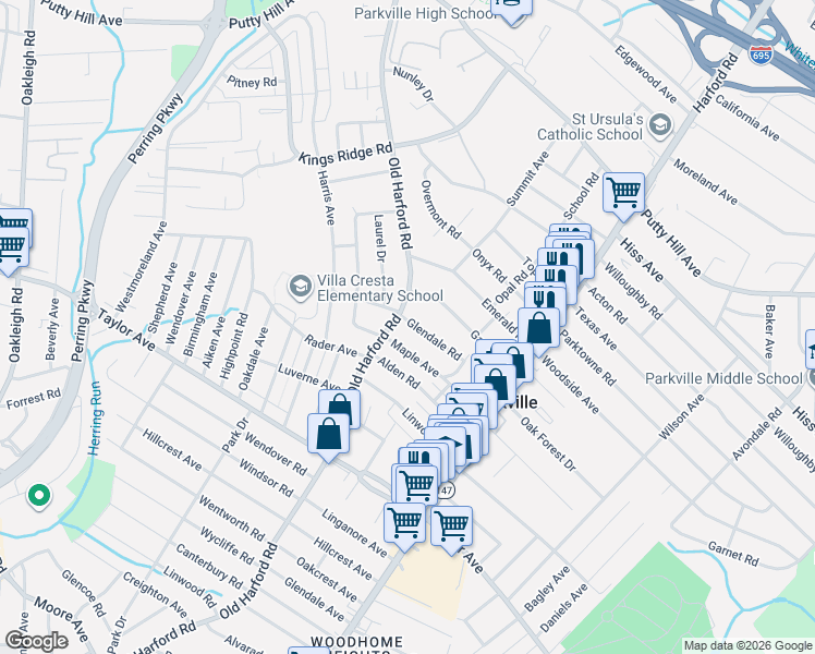 map of restaurants, bars, coffee shops, grocery stores, and more near 2701 Glendale Road in Parkville