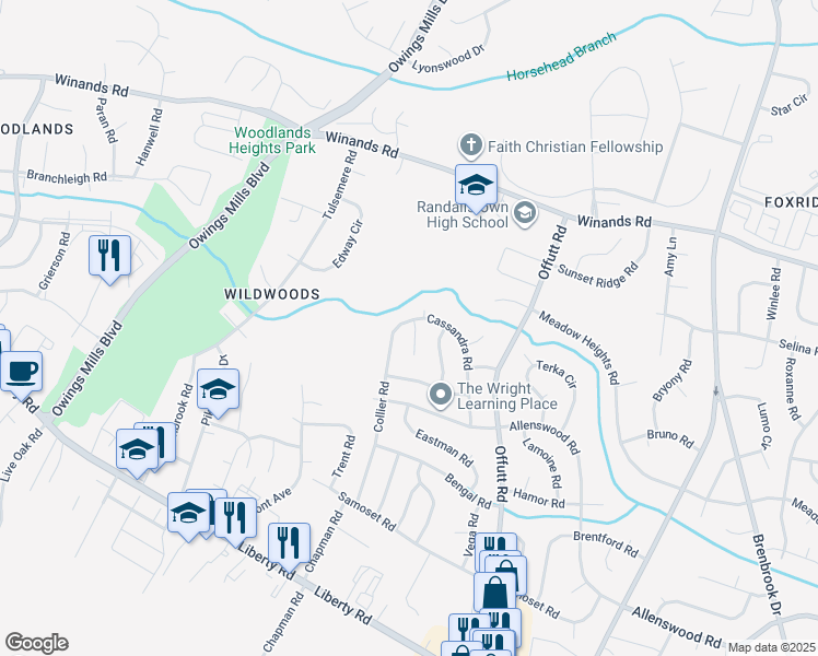 map of restaurants, bars, coffee shops, grocery stores, and more near 2 Cassandra Court in Randallstown