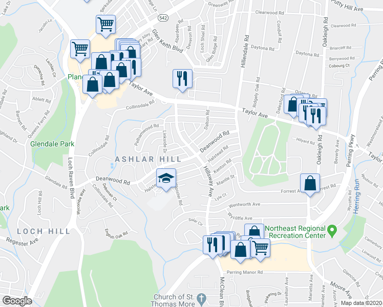 map of restaurants, bars, coffee shops, grocery stores, and more near 7704 Hillsway Avenue in Parkville