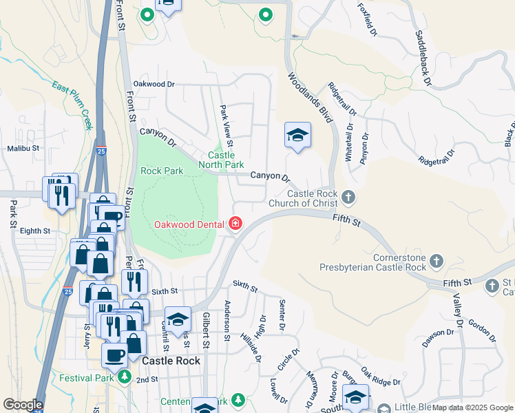 map of restaurants, bars, coffee shops, grocery stores, and more near 946 Oakwood Drive in Castle Rock
