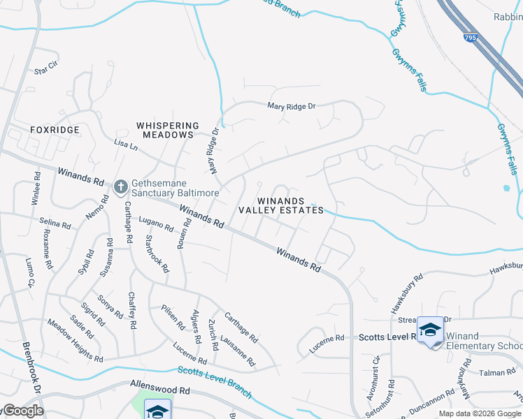 map of restaurants, bars, coffee shops, grocery stores, and more near 4150 Windmill Circle in Randallstown