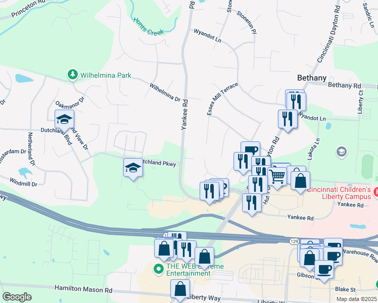 map of restaurants, bars, coffee shops, grocery stores, and more near 6804 Yankee Road in Butler County