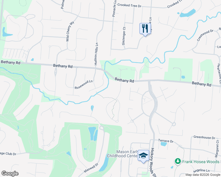 map of restaurants, bars, coffee shops, grocery stores, and more near 6097 Bethany Road in Mason