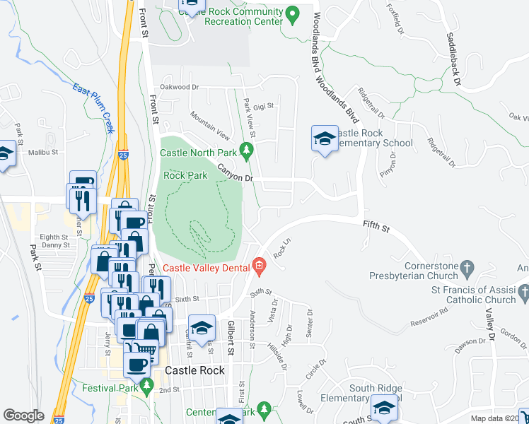 map of restaurants, bars, coffee shops, grocery stores, and more near 918 Oakwood Drive in Castle Rock