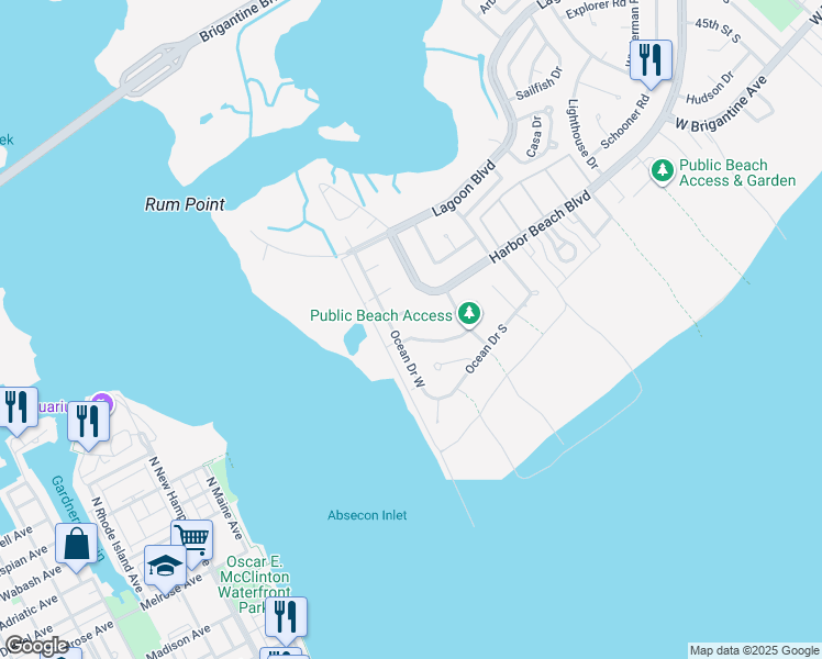 map of restaurants, bars, coffee shops, grocery stores, and more near 5215 Seaspray Road in Brigantine