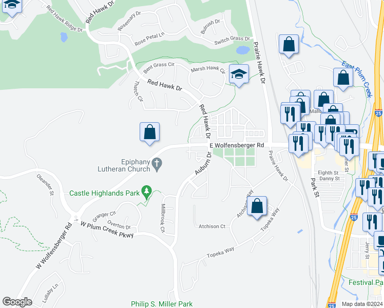 map of restaurants, bars, coffee shops, grocery stores, and more near 1189 Auburn Drive in Castle Rock