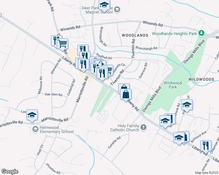 map of restaurants, bars, coffee shops, grocery stores, and more near Liberty Rd & Tiverton Rd in Randallstown