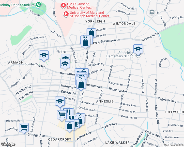 map of restaurants, bars, coffee shops, grocery stores, and more near 603 Stoneleigh Road in Baltimore