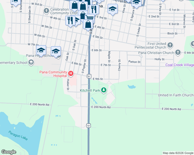 map of restaurants, bars, coffee shops, grocery stores, and more near 206 East 9th Street in Pana