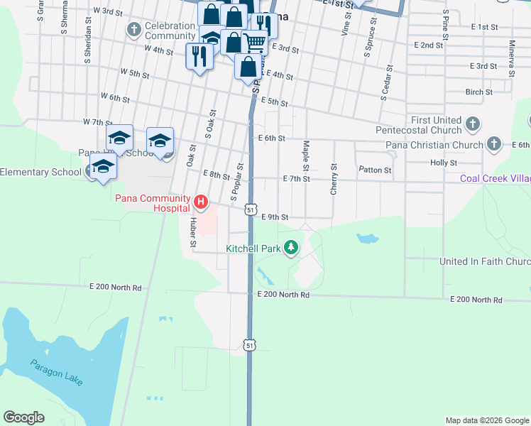 map of restaurants, bars, coffee shops, grocery stores, and more near 206 East 9th Street in Pana