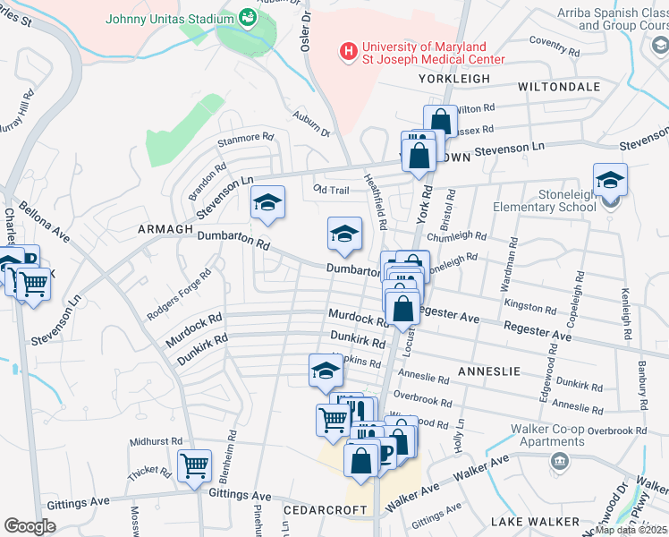 map of restaurants, bars, coffee shops, grocery stores, and more near 300 Dumbarton Road in Baltimore