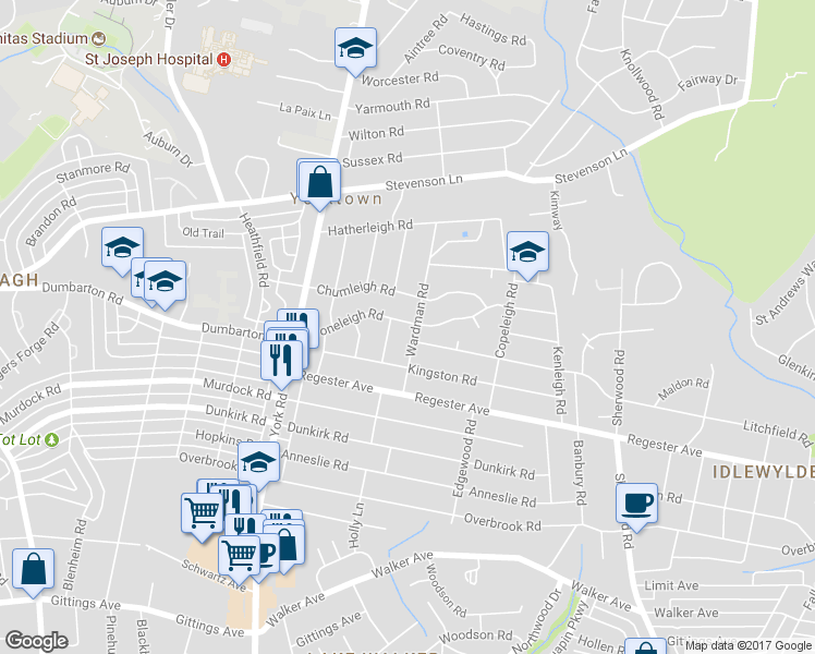 map of restaurants, bars, coffee shops, grocery stores, and more near 715 Stoneleigh Road in Baltimore