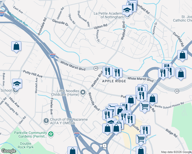 map of restaurants, bars, coffee shops, grocery stores, and more near 8864 Green Needle Drive in Nottingham